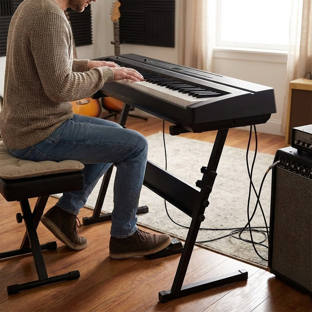 Guitar World Store black heavy-duty Z-style adjustable keyboard stand supporting an 88-key digital piano.