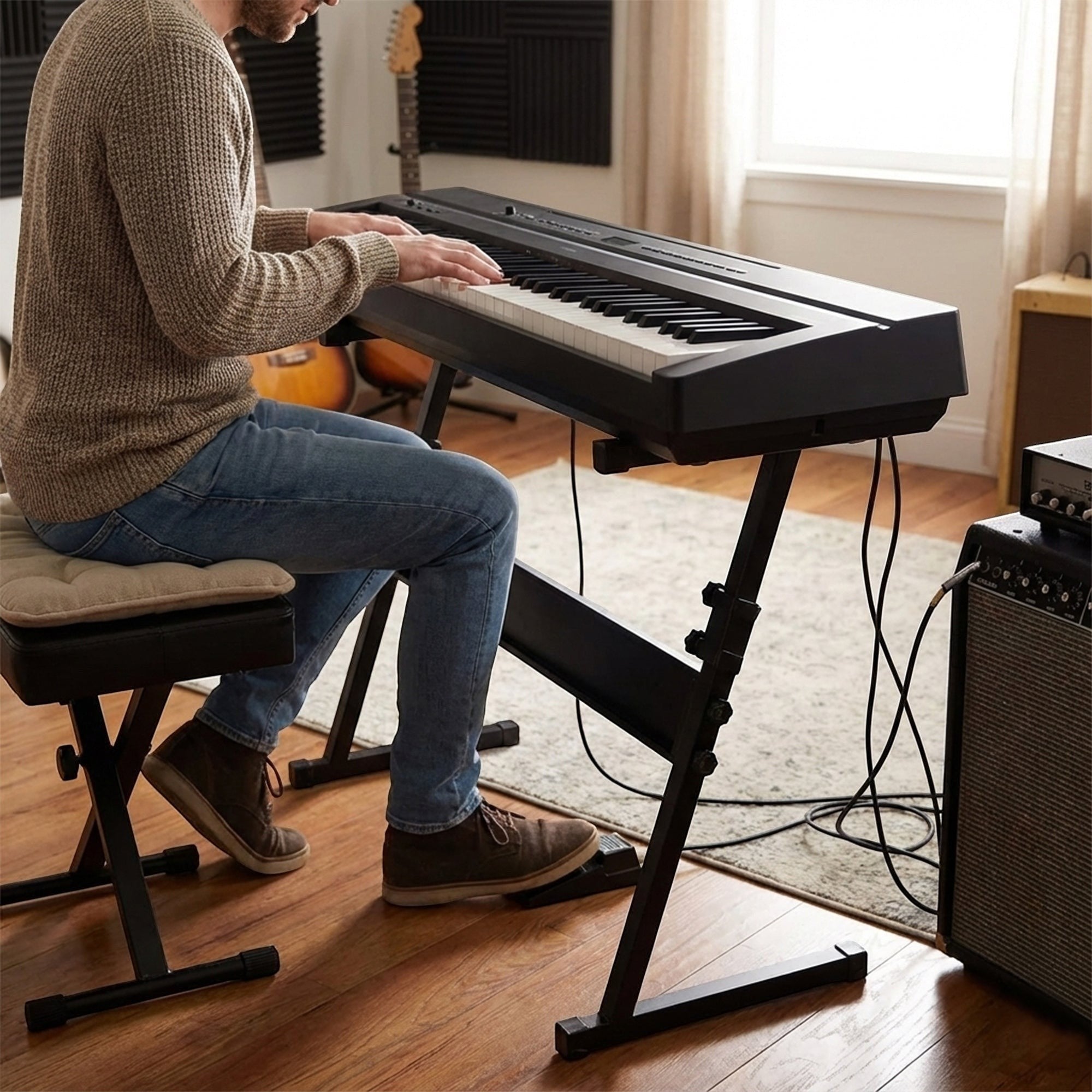 Guitar World Store black heavy-duty Z-style adjustable keyboard stand supporting an 88-key digital piano.