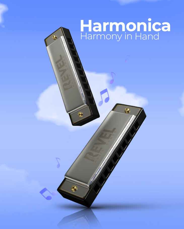Two Revel harmonicas on a blue background with 'Harmonica Harmony in Hand' text.