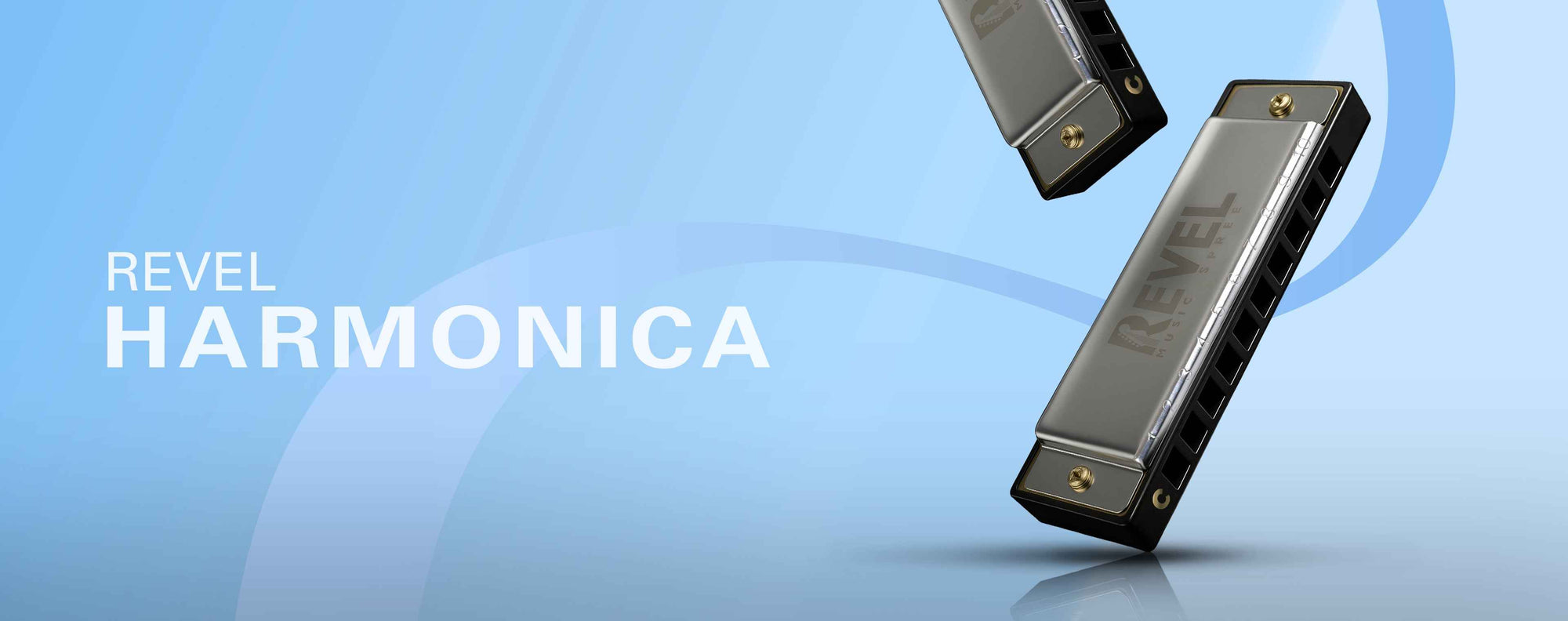 Two Revel harmonicas on a light blue background with the brand name displayed.