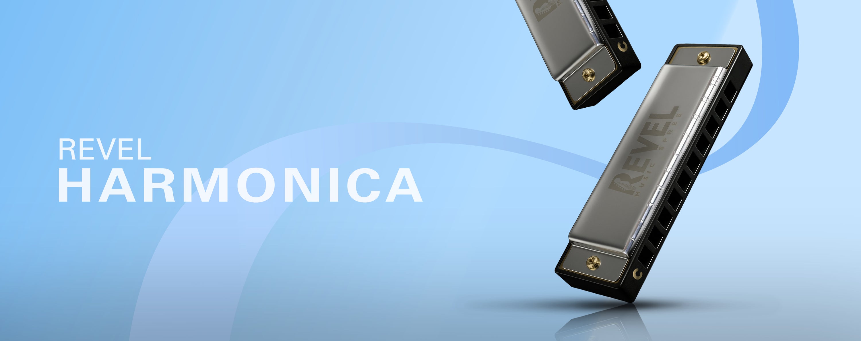 Two Revel harmonicas on a light blue background with the brand name displayed.