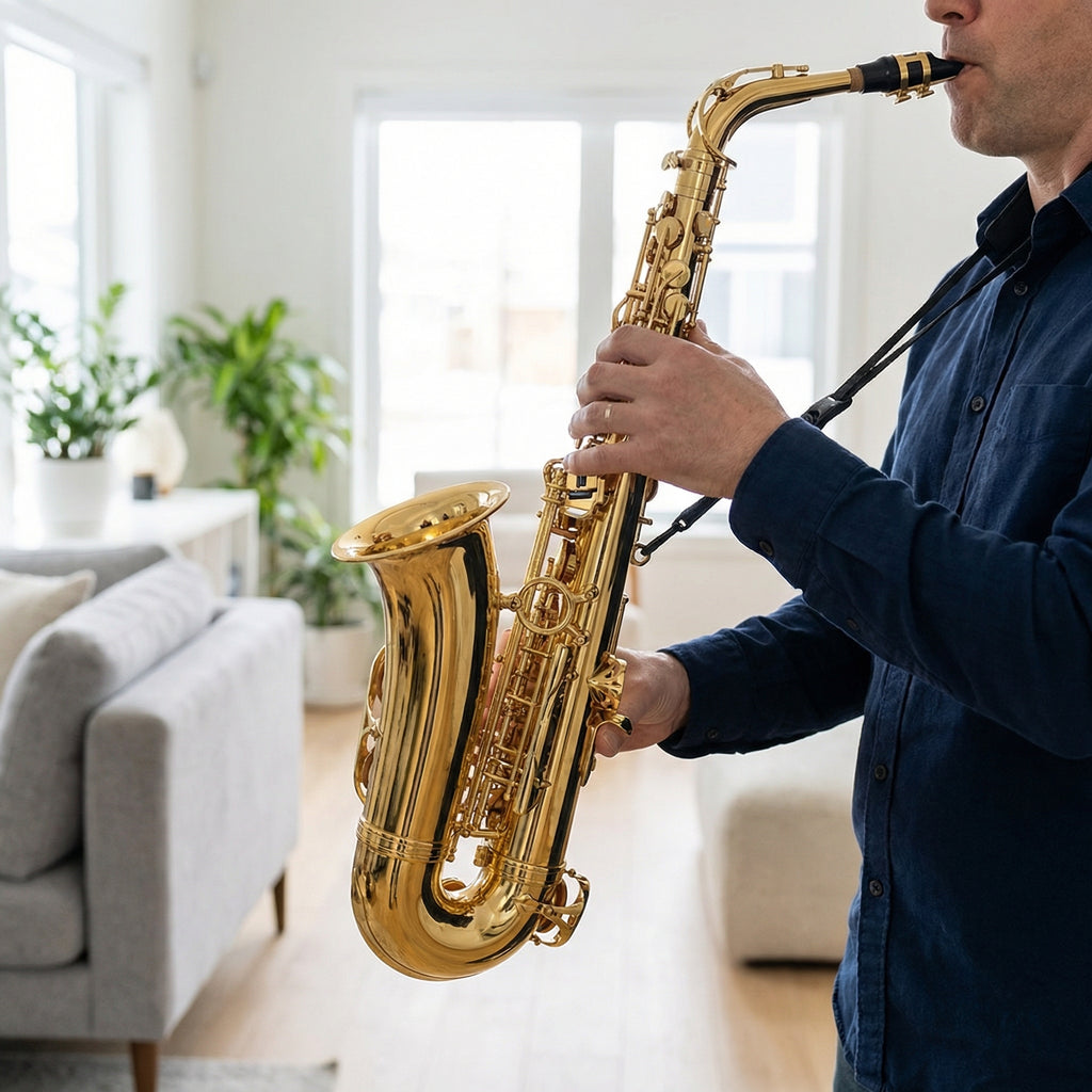 Person playing a gold saxophone in a living room setting