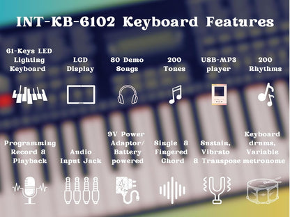 Intern INT-KB-6102 - 61 Keys Touch Response Portable Piano Keyboard