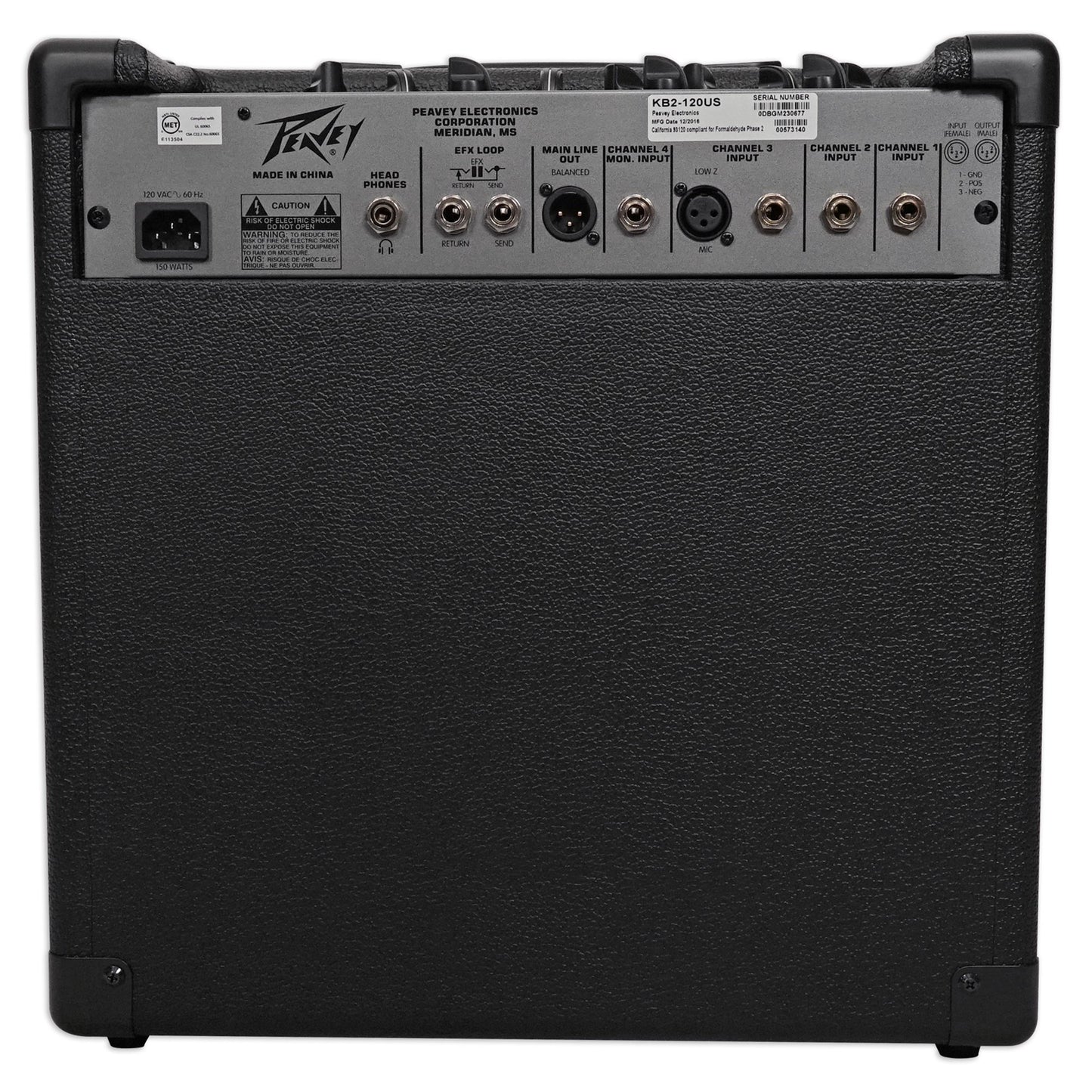 Peavey guitar amplifier back panel with various connectors on a white background