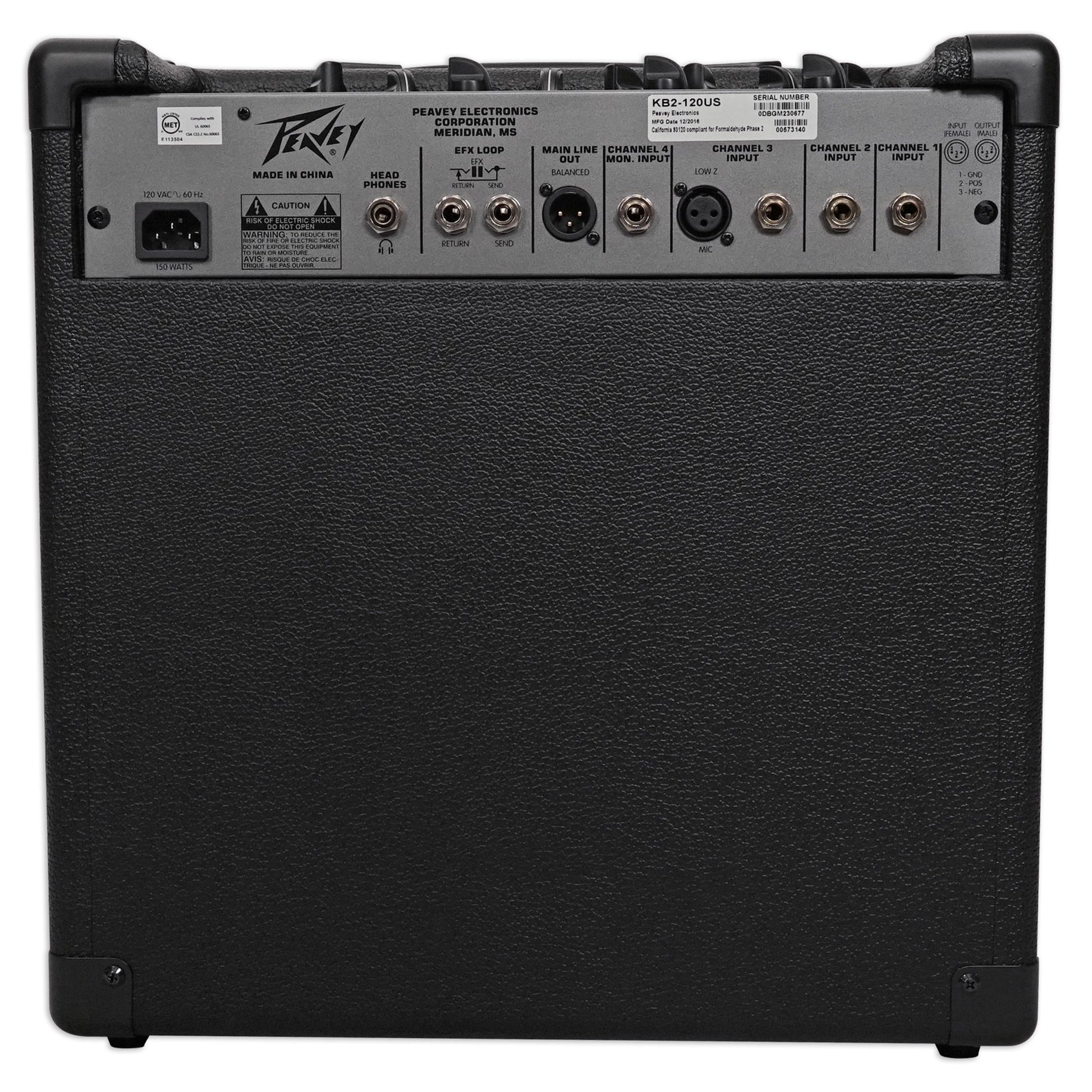 Peavey guitar amplifier back panel with various connectors on a white background