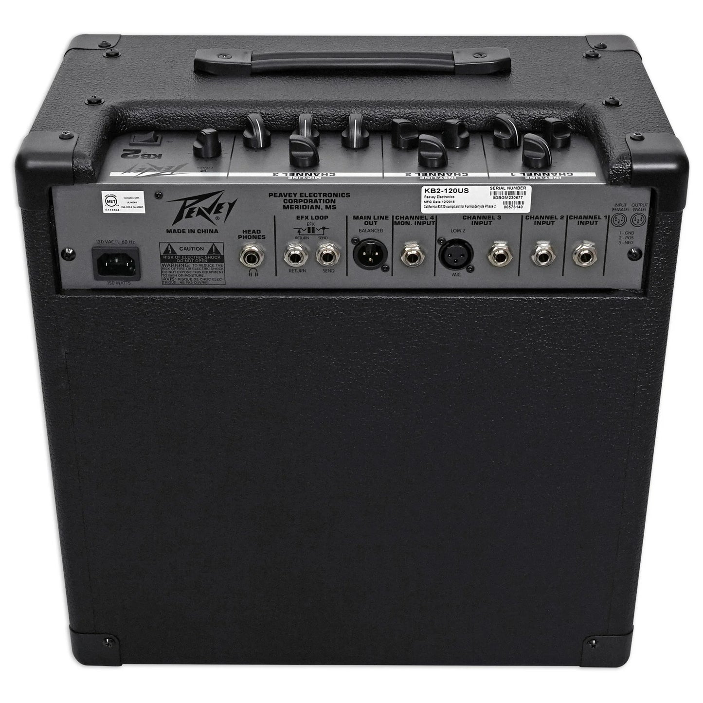 Back view of a Peavey guitar amplifier on a white background