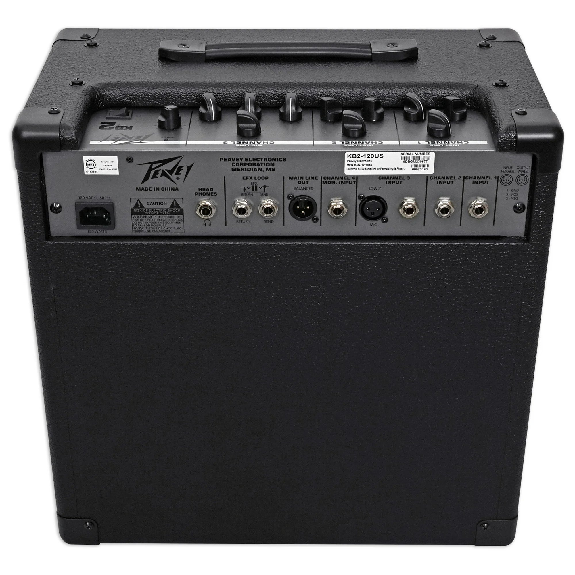 Back view of a Peavey guitar amplifier on a white background