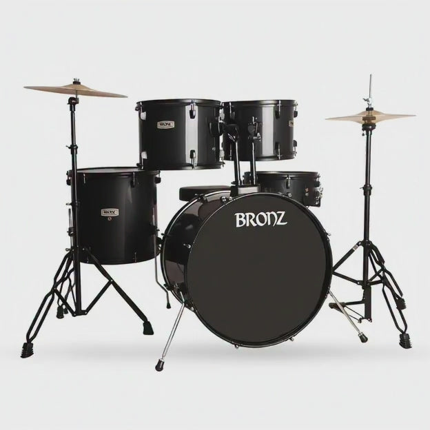 BRONZ Acoustic Drum Kit (Black) - 5 Pc Complete Drum Set with Hardware & Throne