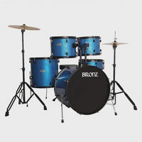 BRONZ Acoustic Drum Kit (Blue) - 5 Pc Complete Drum Set with Hardware & Throne