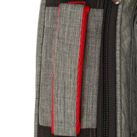 Close-up of a gray textured fabric with red stitching and black zipper on a white background Water-resistant acoustic guitar gig bag for yamaha kadence fender 