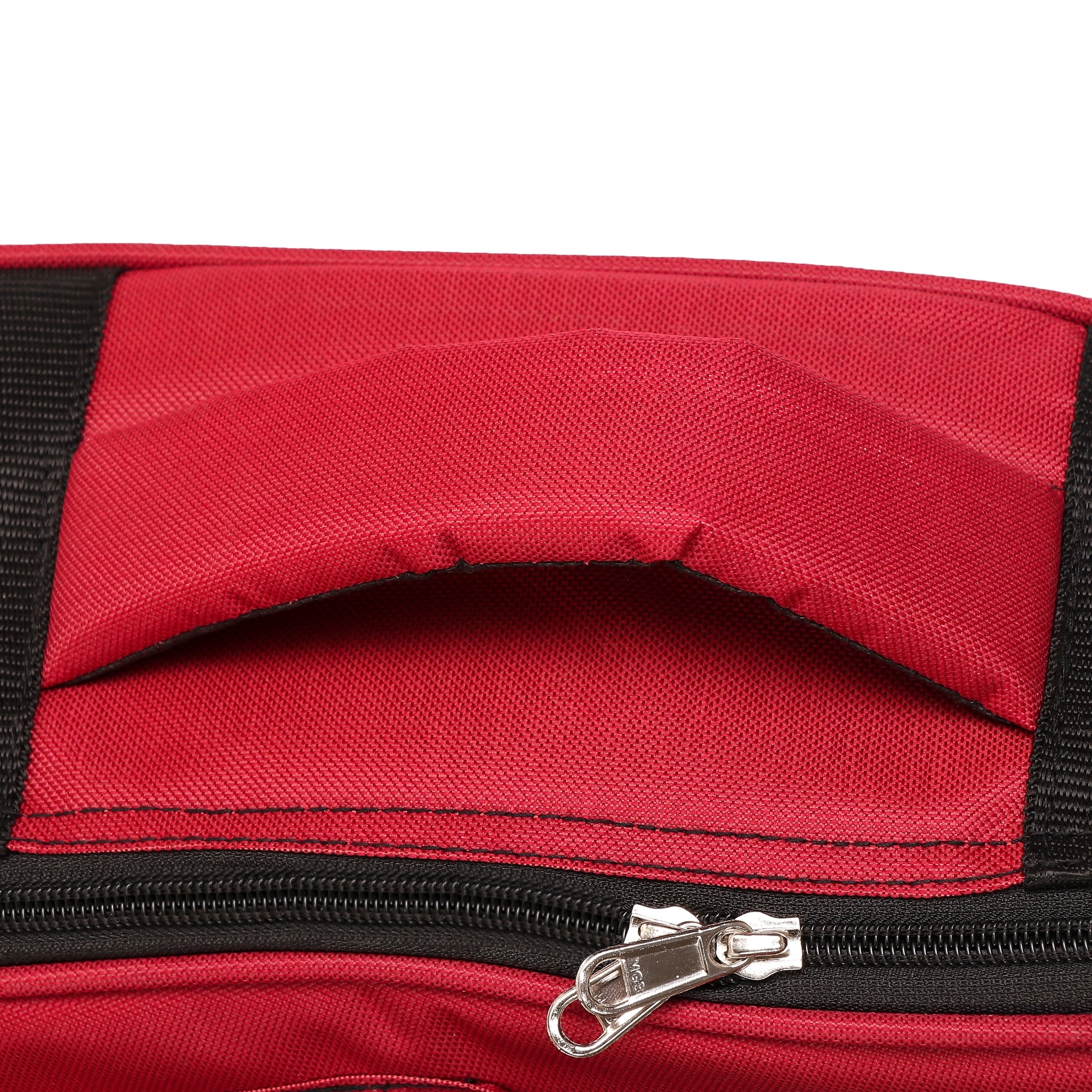 Close-up of a red bag with a black zipper on a white background Water-resistant acoustic guitar gig bag for yamaha kadence fender 