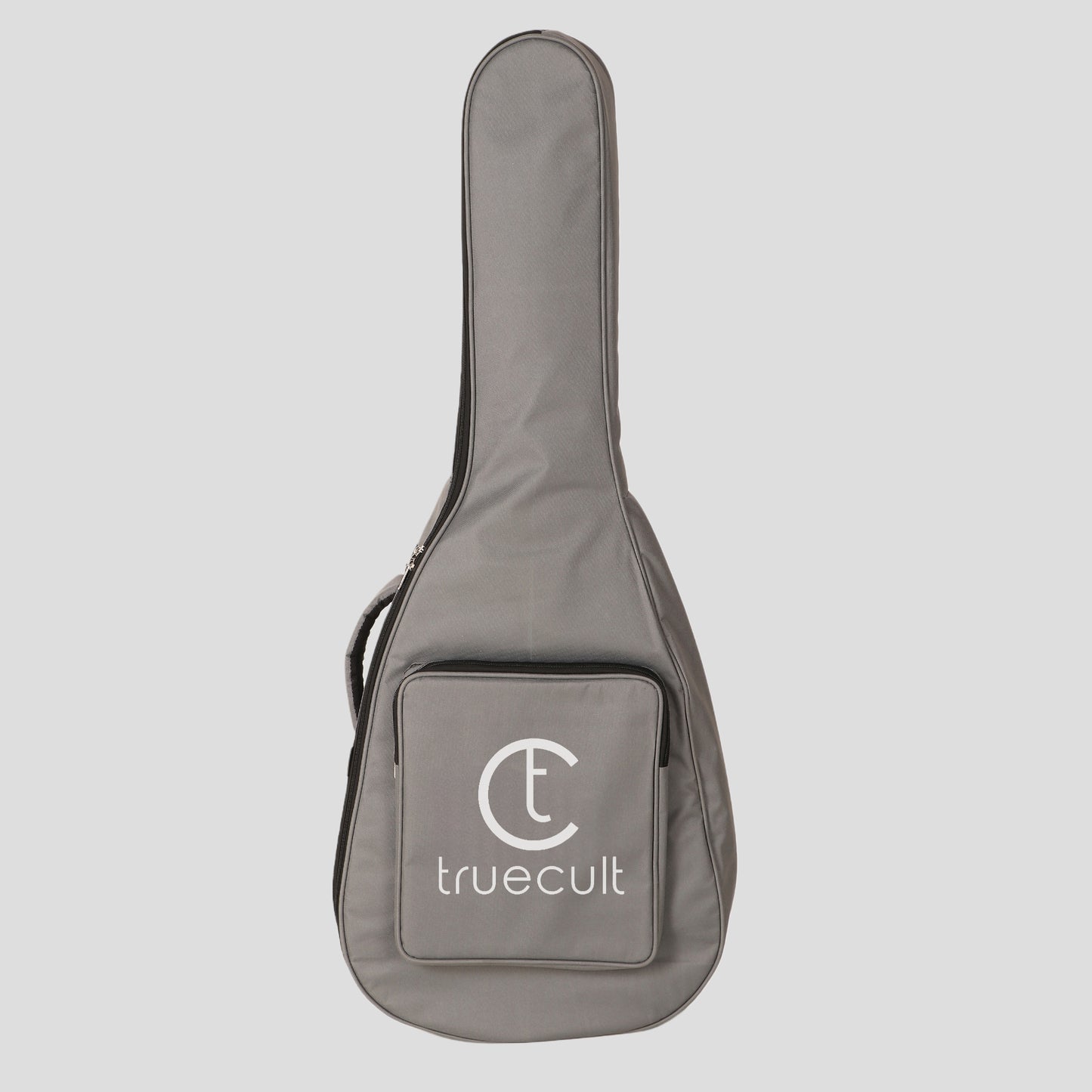 Gray guitar case with 'truecult' logo on a light gray background
