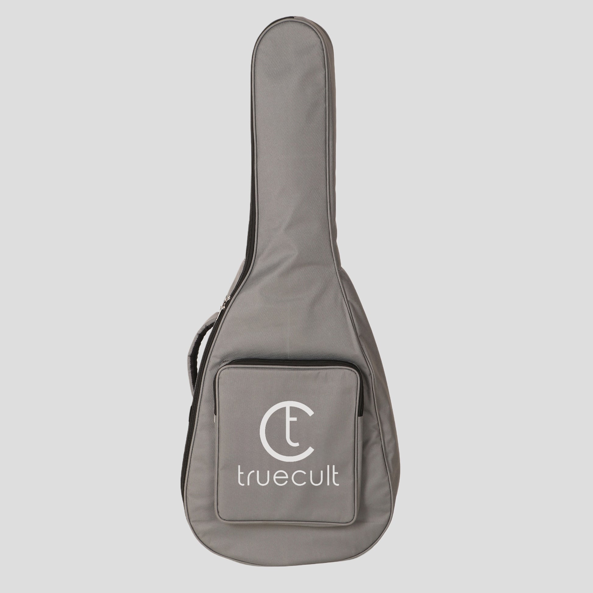 Gray guitar case with 'truecult' logo on a light gray background