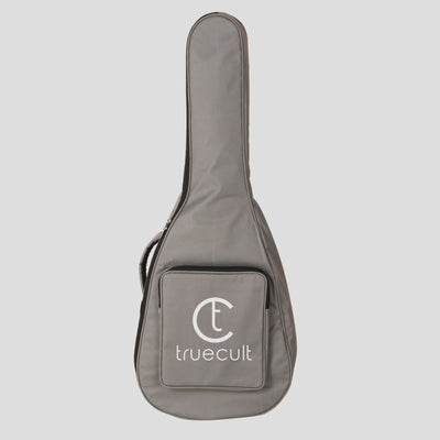 Gray guitar case with 'truecult' logo on a light gray background