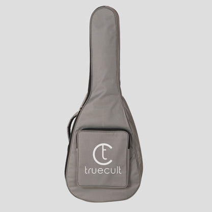 Gray guitar case with 'truecult' logo on a light gray background