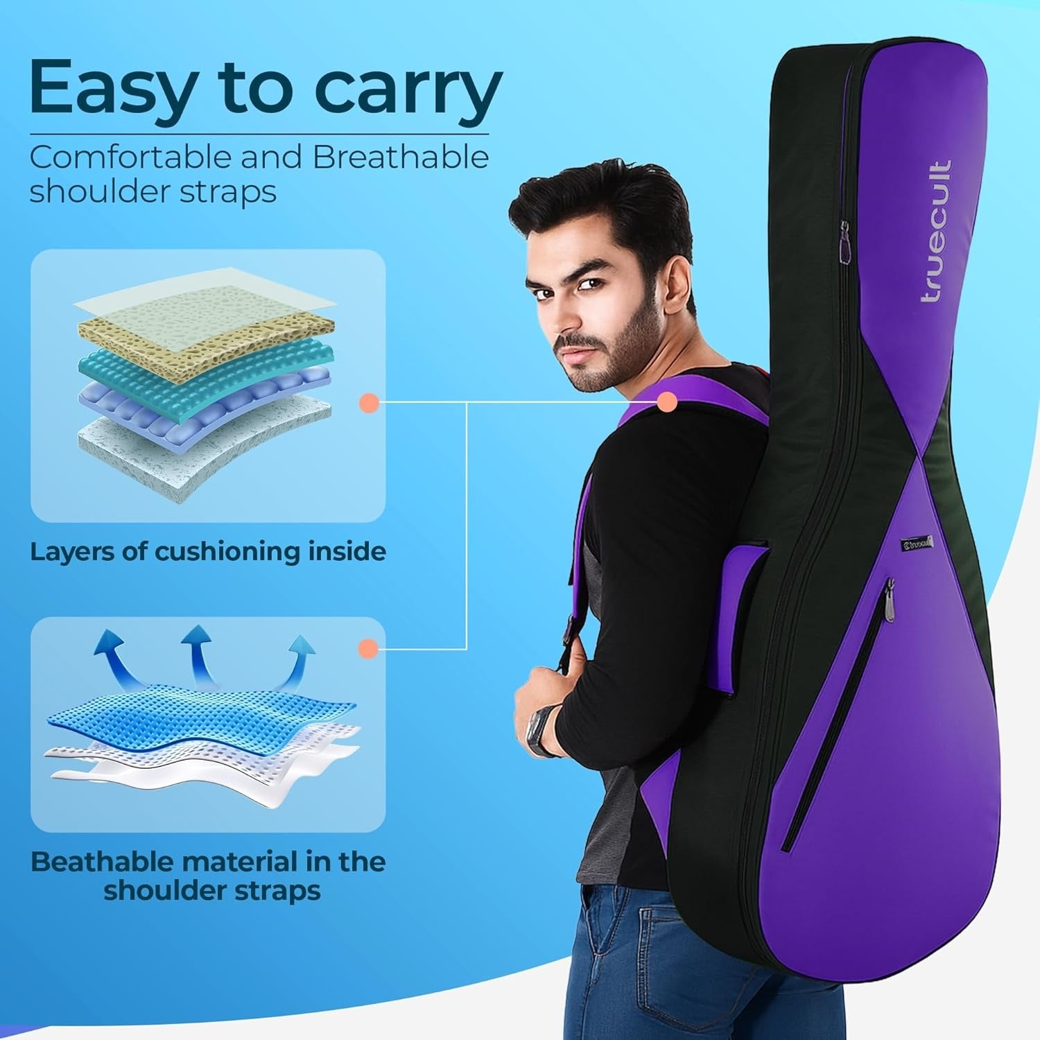 True Cult Padded Acoustic Guitar Bag – Violet | Fits Yamaha, Fender, Ibanez, Cort, ESP, Epiphone, Kadence & More