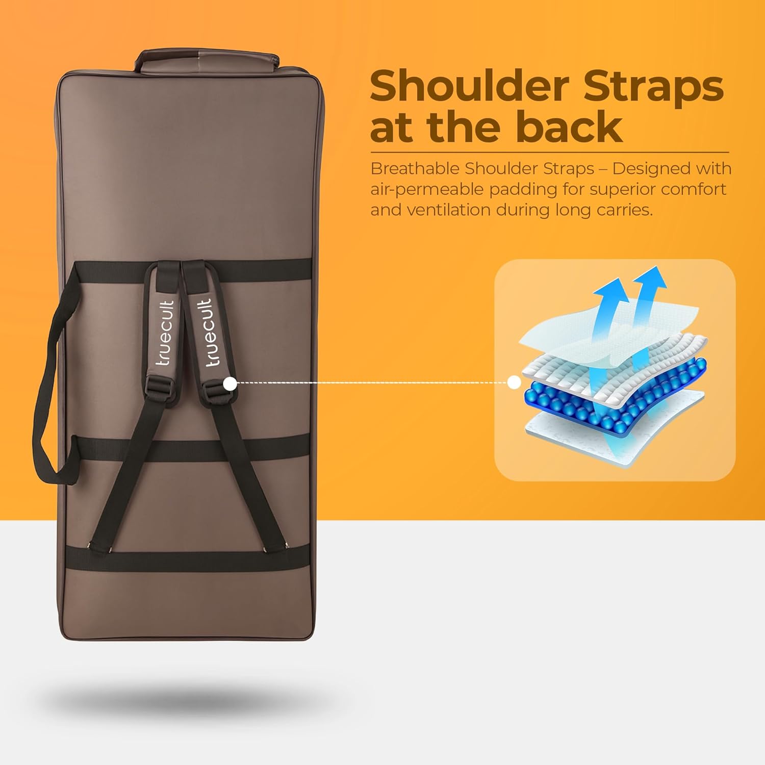 Brown carrying case with black shoulder straps on an orange background, featuring text about breathable shoulder straps.