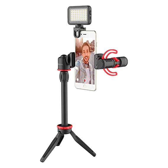 Boya BY-VG350 Smartphone Video Rig with MM1+ Microphone, LED light, Mini Tripod, Extension Tube and Video Microphone Compatible with iPhone and Android - for YouTube, TIK Tok, Facebook, Vlogging