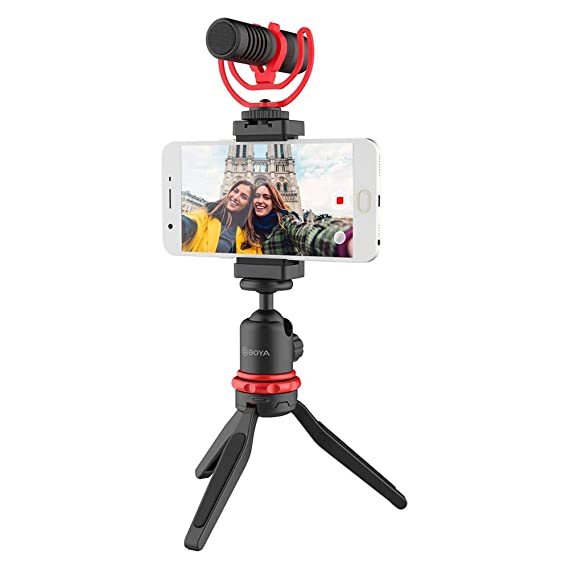 Boya BY-VG350 Smartphone Video Rig with MM1+ Microphone, LED light, Mini Tripod, Extension Tube and Video Microphone Compatible with iPhone and Android - for YouTube, TIK Tok, Facebook, Vlogging