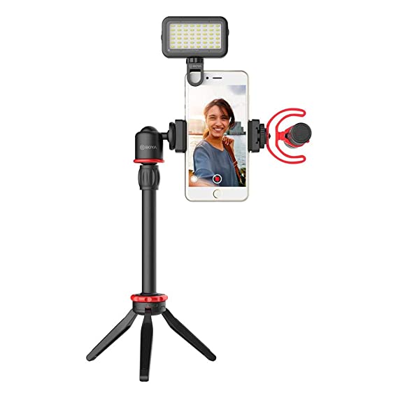 Boya BY-VG350 Smartphone Video Rig with MM1+ Microphone, LED light, Mini Tripod, Extension Tube and Video Microphone Compatible with iPhone and Android - for YouTube, TIK Tok, Facebook, Vlogging