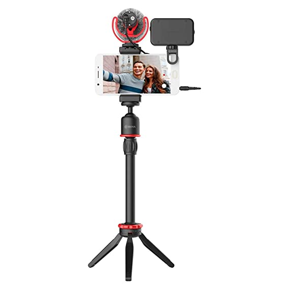 Boya BY-VG350 Smartphone Video Rig with MM1+ Microphone, LED light, Mini Tripod, Extension Tube and Video Microphone Compatible with iPhone and Android - for YouTube, TIK Tok, Facebook, Vlogging