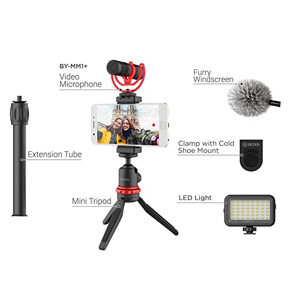 Boya BY-VG350 Smartphone Video Rig with MM1+ Microphone, LED light, Mini Tripod, Extension Tube and Video Microphone Compatible with iPhone and Android - for YouTube, TIK Tok, Facebook, Vlogging