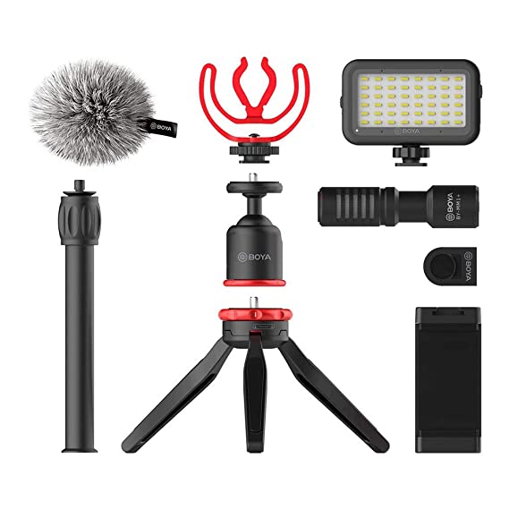 Boya BY-VG350 Smartphone Video Rig with MM1+ Microphone, LED light, Mini Tripod, Extension Tube and Video Microphone Compatible with iPhone and Android - for YouTube, TIK Tok, Facebook, Vlogging