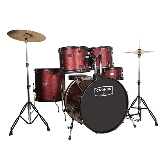 ARCTIC CRONOS 5 Piece Complete Acoustic Drum Kit/Drumset with drumsticks, Cymbals and throne - Nickel Hardware. Best Sounding shells, most durable build, Professional level Configuration. (Red)