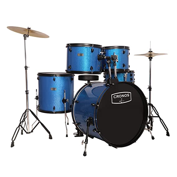 ARCTIC CRONOS 5 Piece Complete Acoustic Drum Kit/Drumset with drumsticks, Cymbals and throne - Nickel Hardware. Best Sounding shells, most durable build, Professional level Configuration. (Blue)